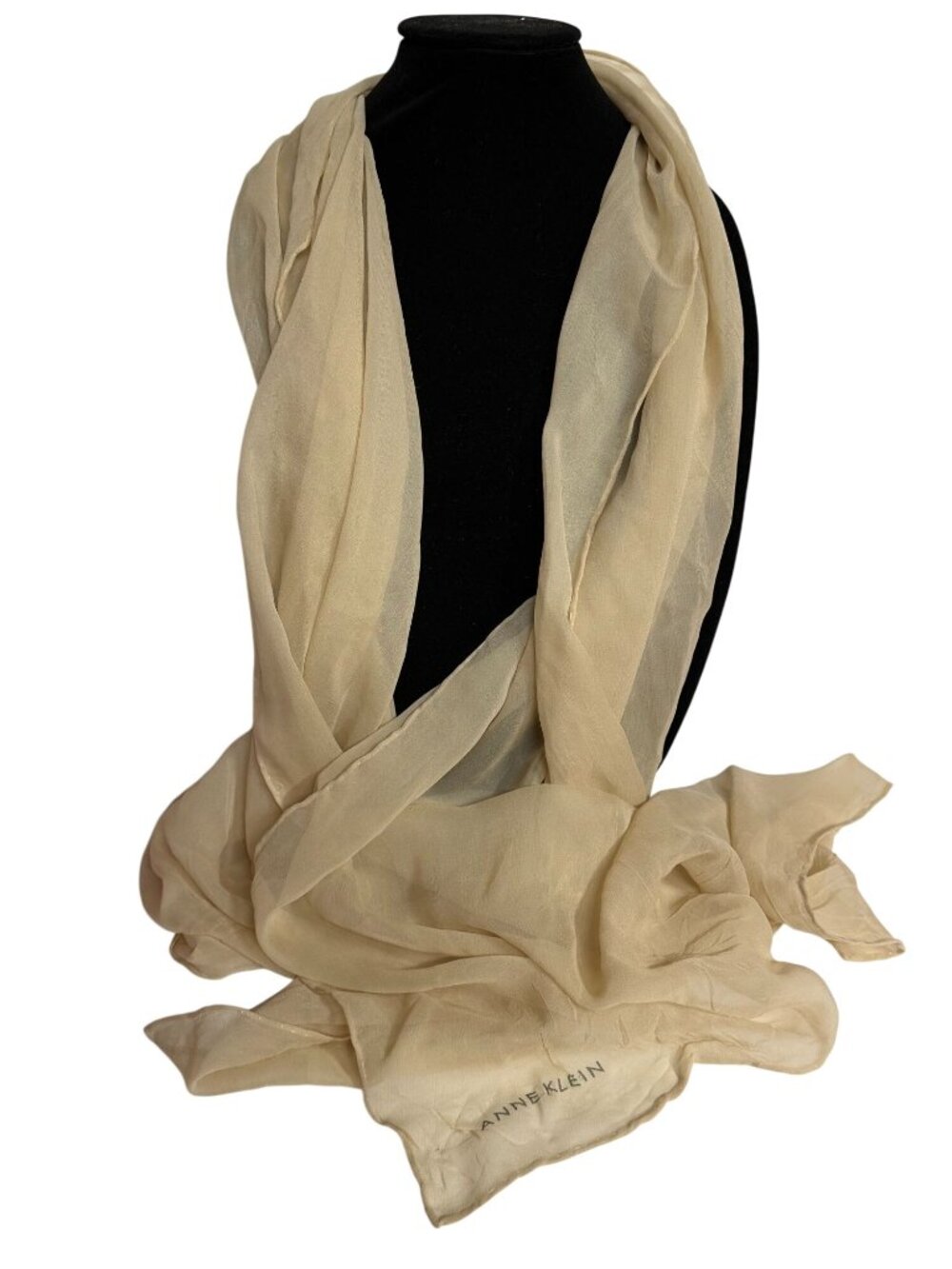 Vintage ANNE KLEIN Silk Scarf Hand Rolled Long Rectangular Champagne Beige Color